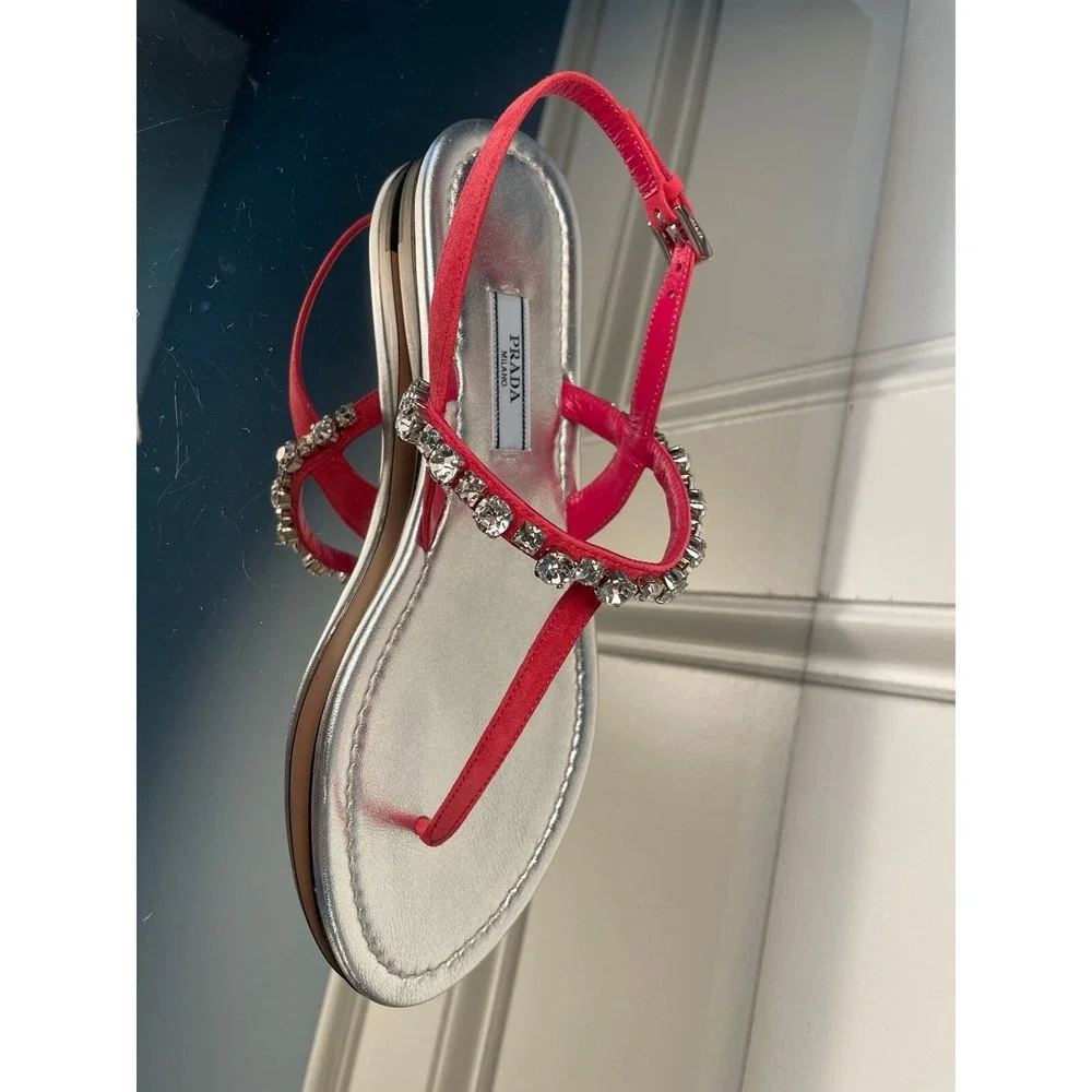 PRADA 1Y793I Silver and Pink Flip Flop Sandal with crystals, size 37.5 (US 7.5)